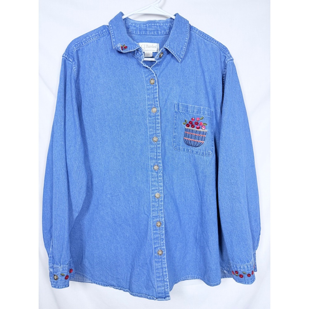 CJ Banks Light Blue Denim Button-Down Shirt with Embroidered Pocket